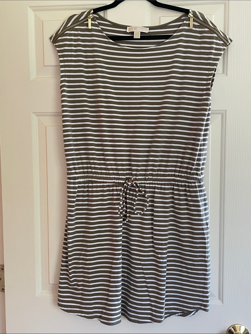 Michael Kors Olive Green and White Striped Top with Gold Zipper